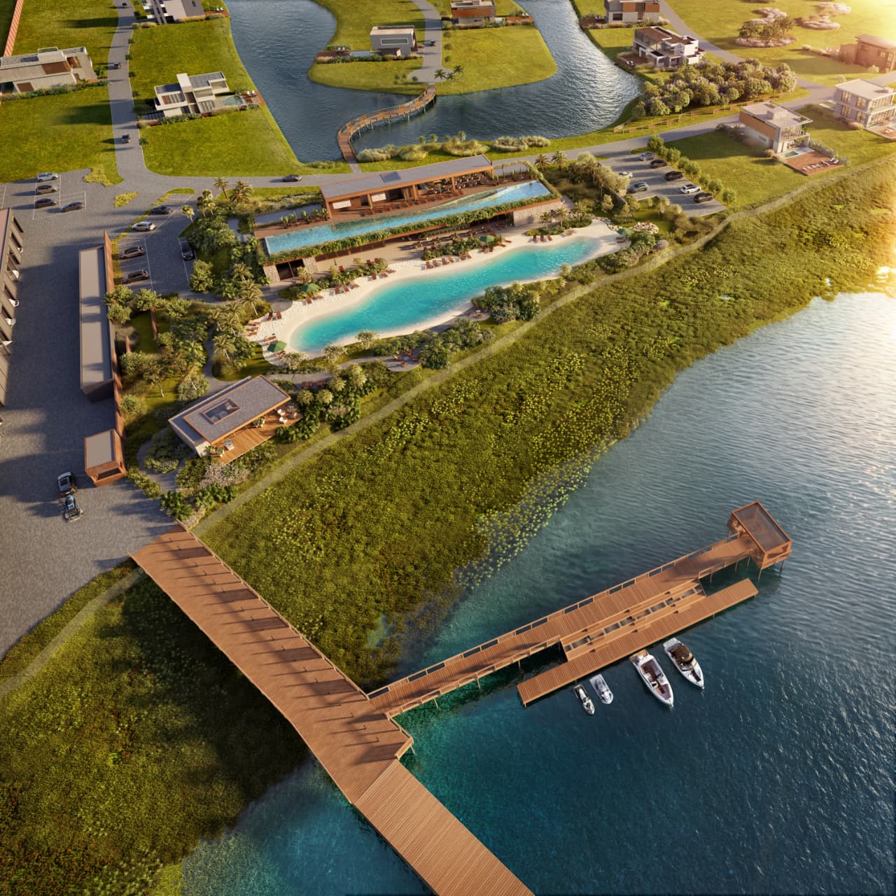 Vista aérea ilustrativa da praia artificial, do clube e do píer do Poente